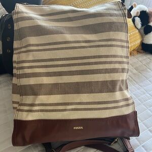 Fossil Canvas and Leather tan striped backpack.